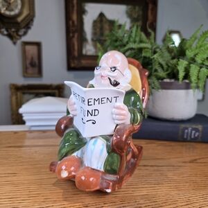 ​Vintage Retirement Fund Piggy Bank Japan Ceramic Old Man Rocking MCM Chip